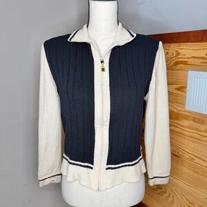Vintage St. John Collection Full Zip Collared Knit Sweater Black Cream Small S
